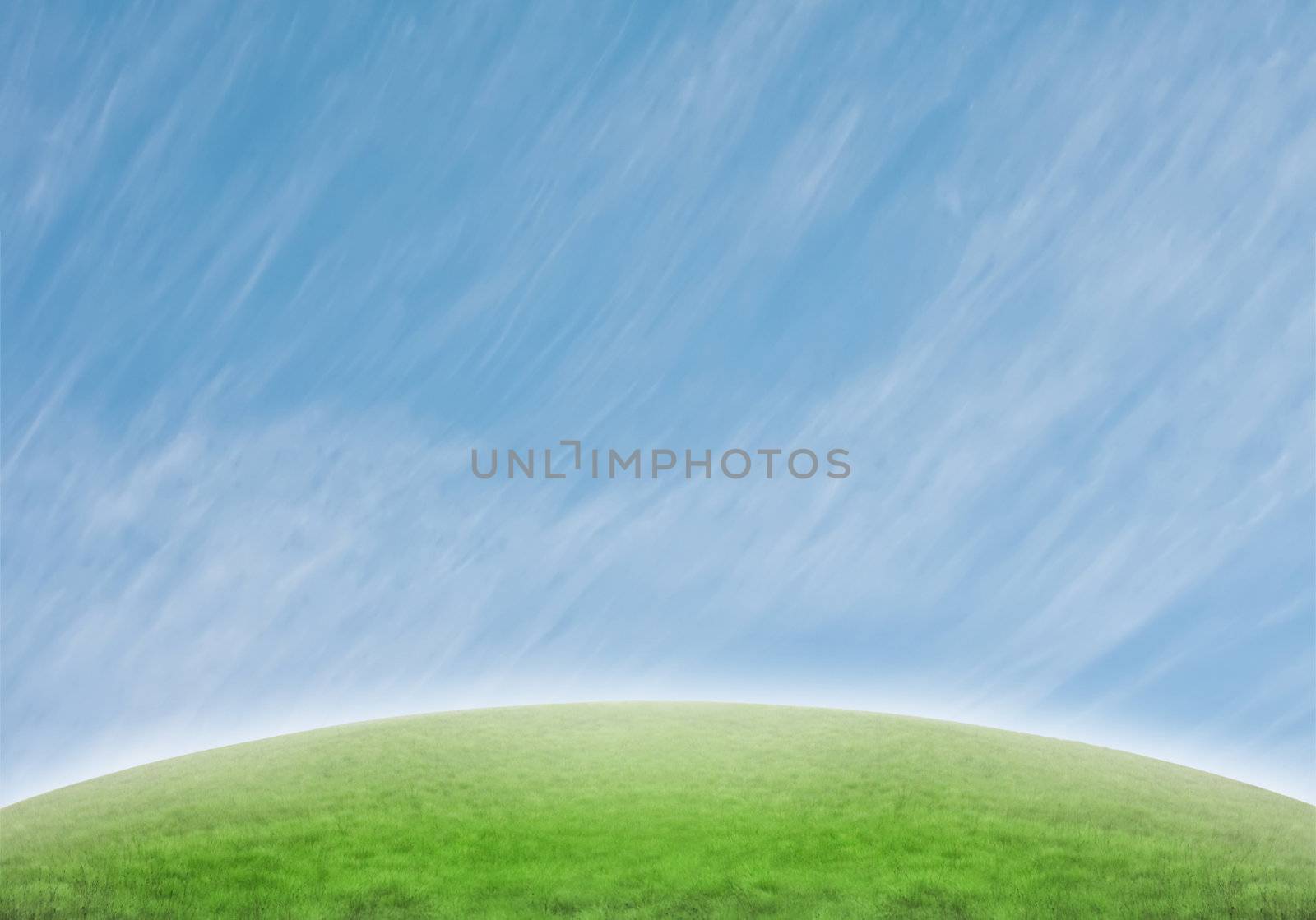 Beautiful sceneric background with green hill and blue special cloudy sky.