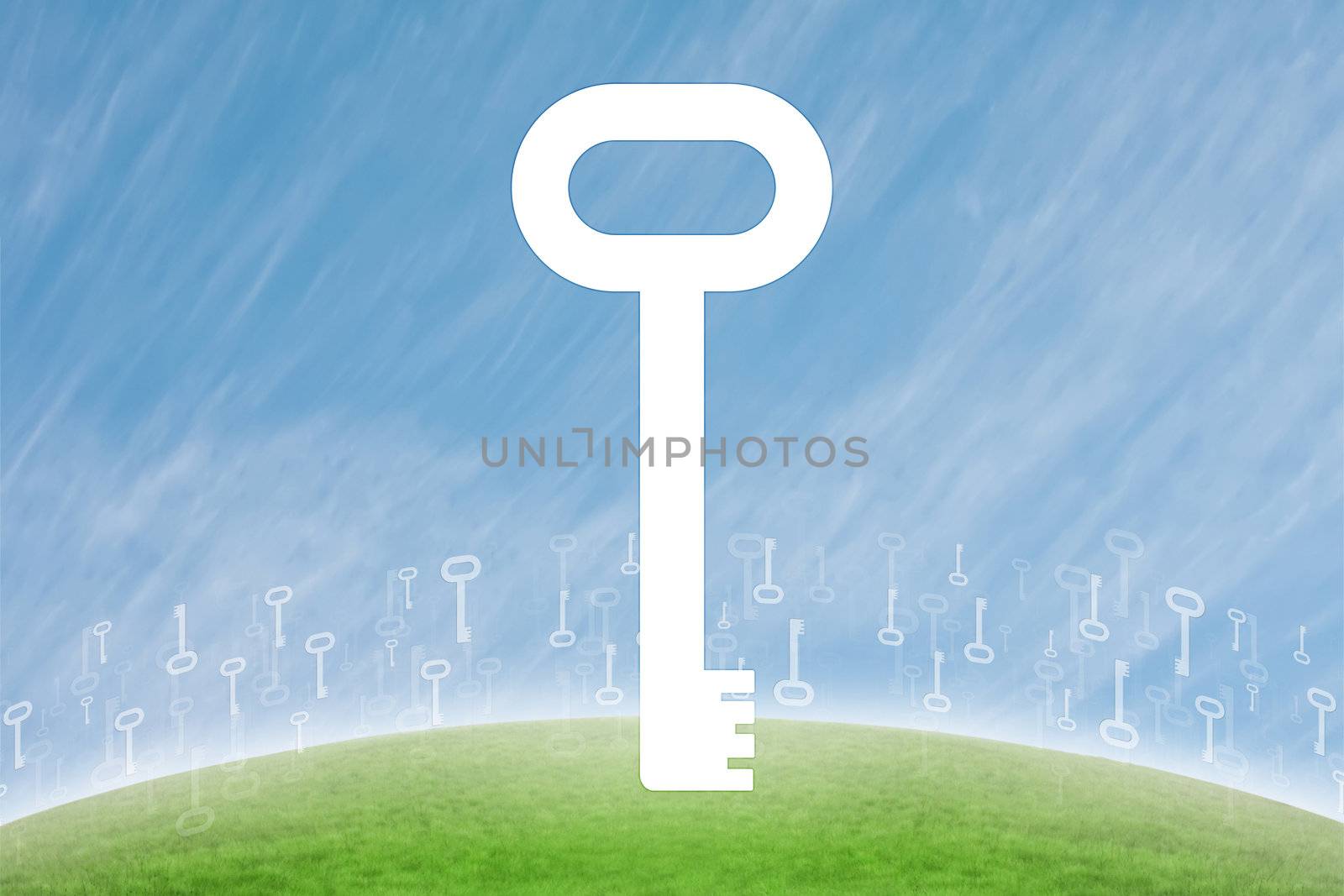 Beautiful sceneric background with green hill and blue cloudy sky with a key symbol in the middle.