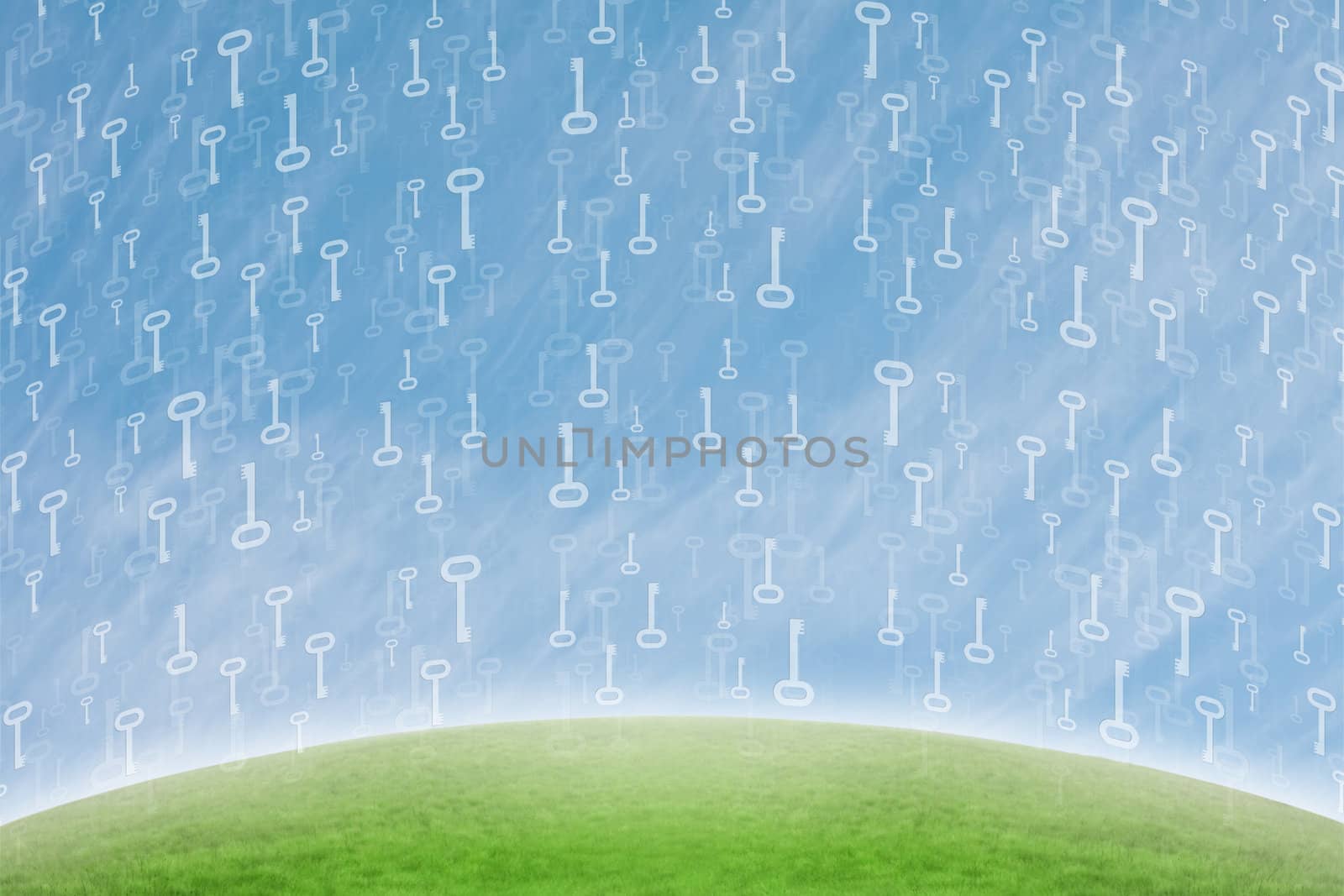 Concept background with real estate old keys floating all over the canvas with a vivid green slope.