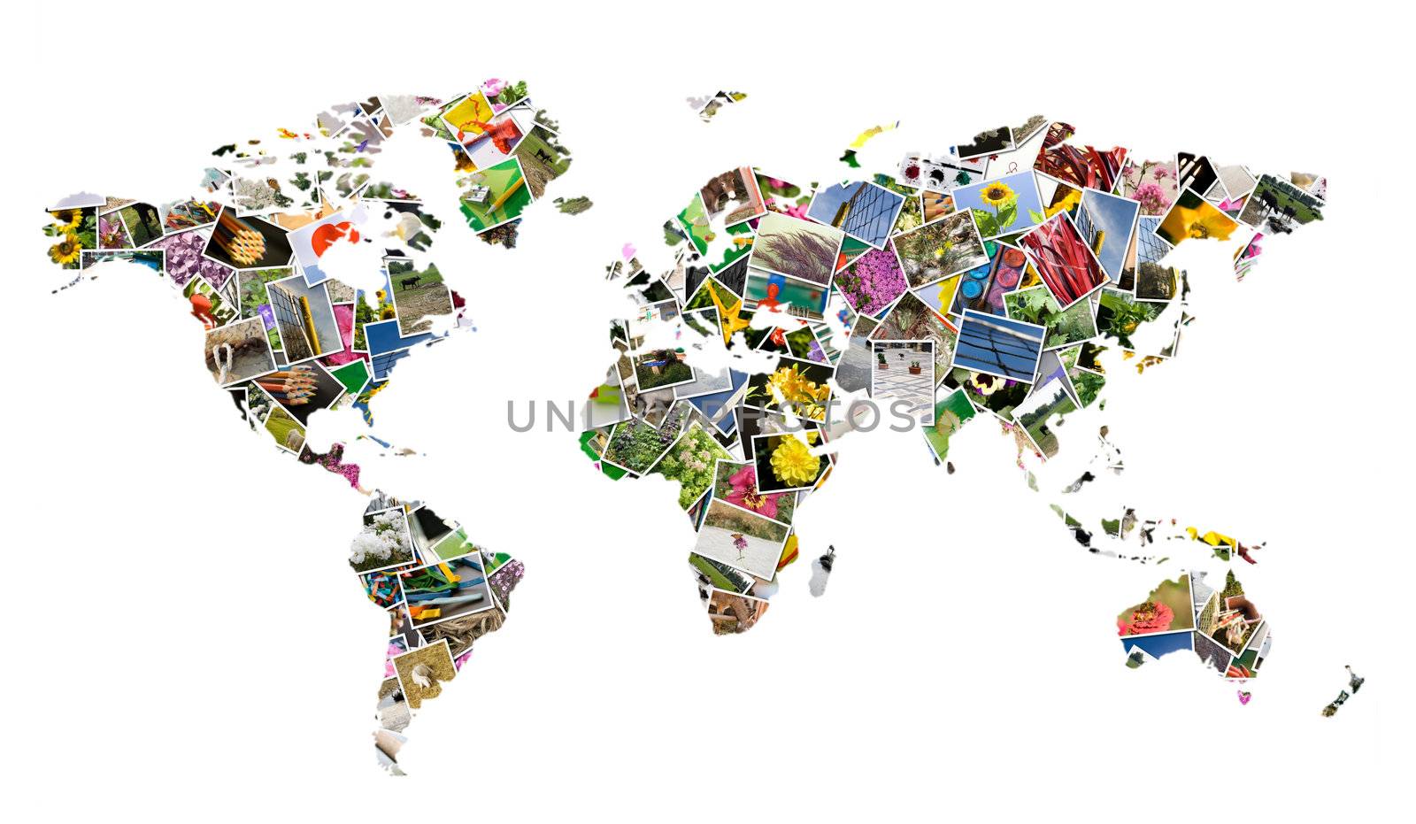 World, photo collage on white background