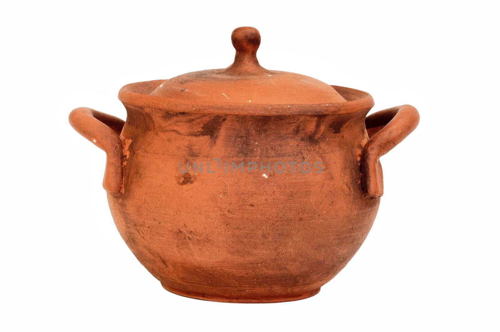 clay pot with a lid made of natural clay, isolated, close-up