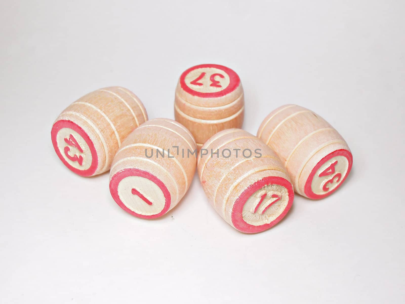 Small kegs with red numbers isolated on white background