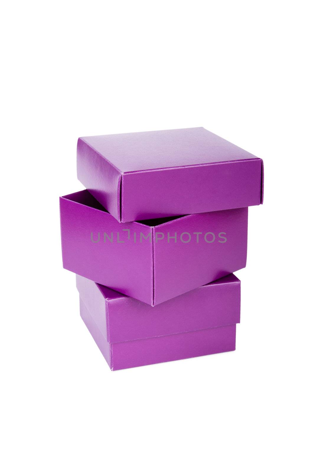 Open empty purple boxes, isolated on white background