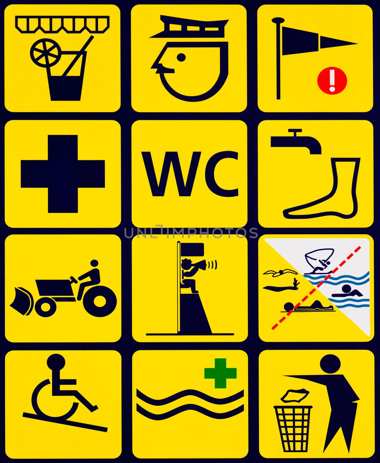 Sign with 12 instructional symbols black on yellow for popular ocean beach swimming