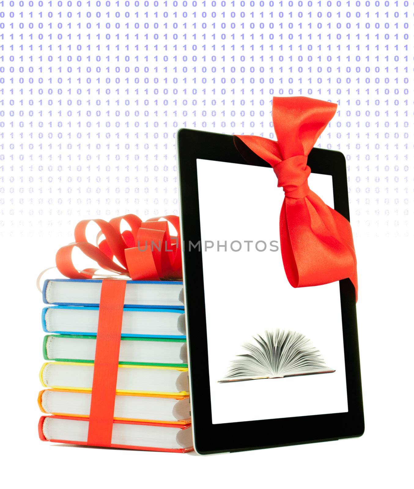 Books tied up with ribbon and tablet PC against white background