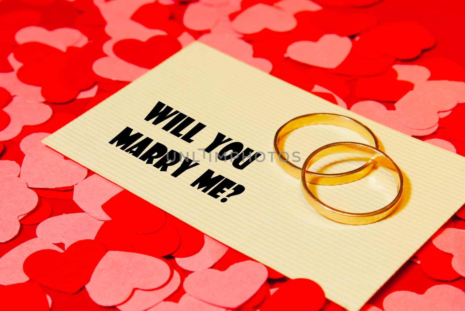Two rings and a card with marriage proposal on the red background