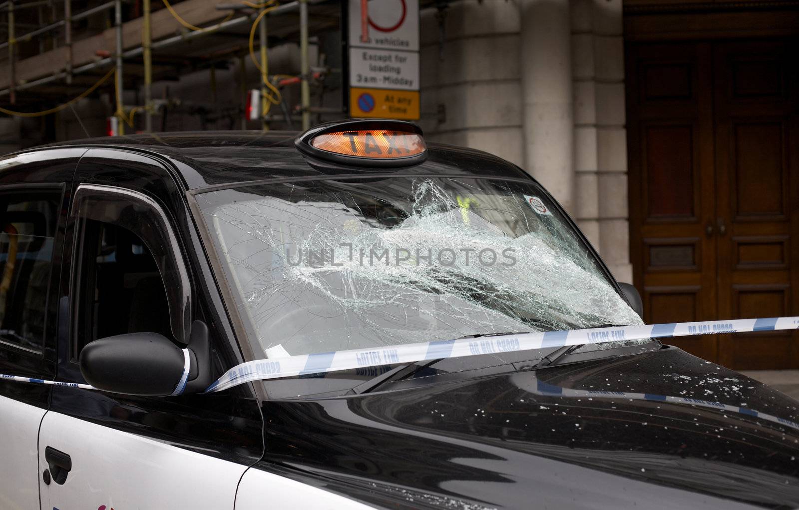 The window of a crashed taxi cab in London, UK