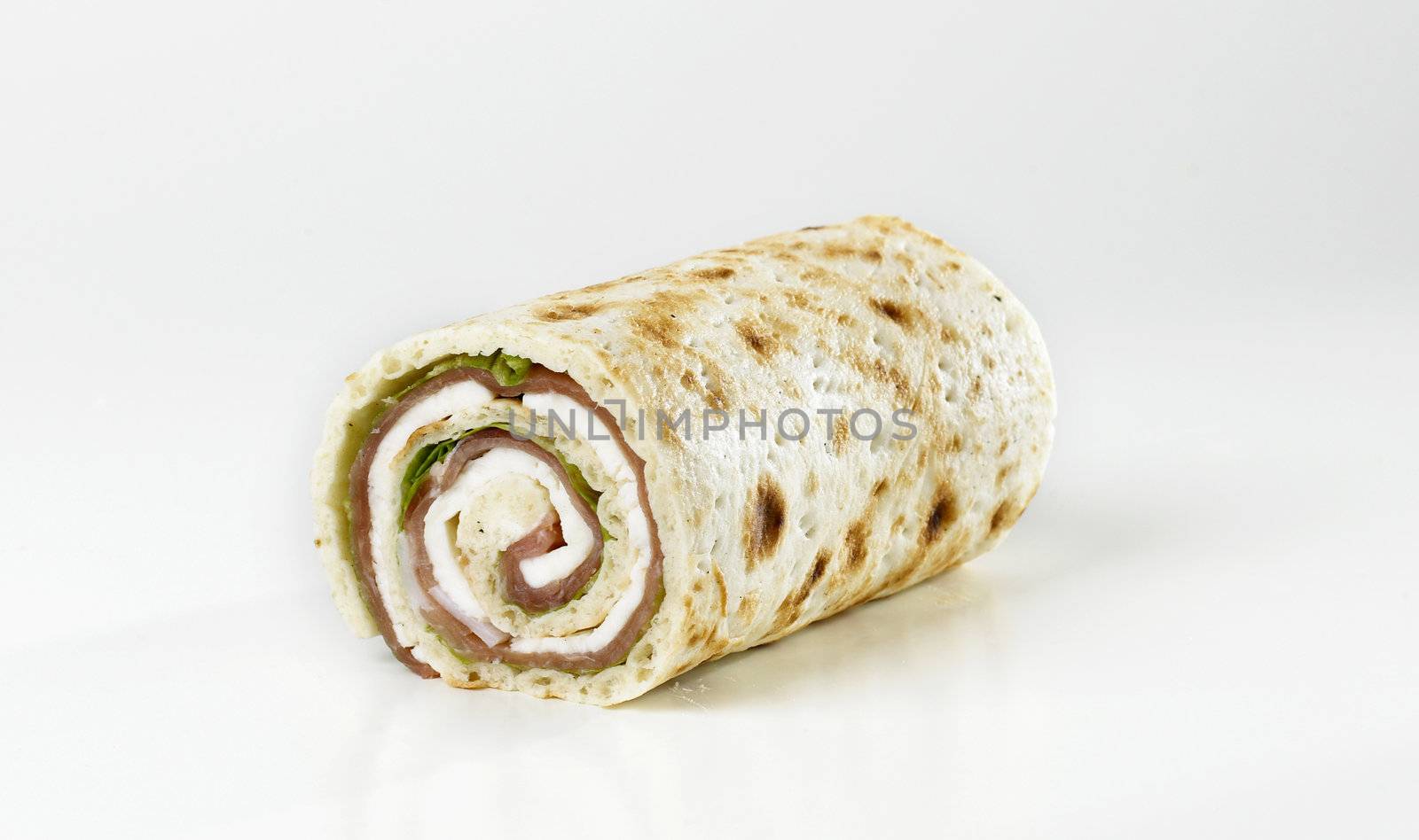 Rolled Bread, Mozzarella Cheese, green salad and Prosciutto Ham