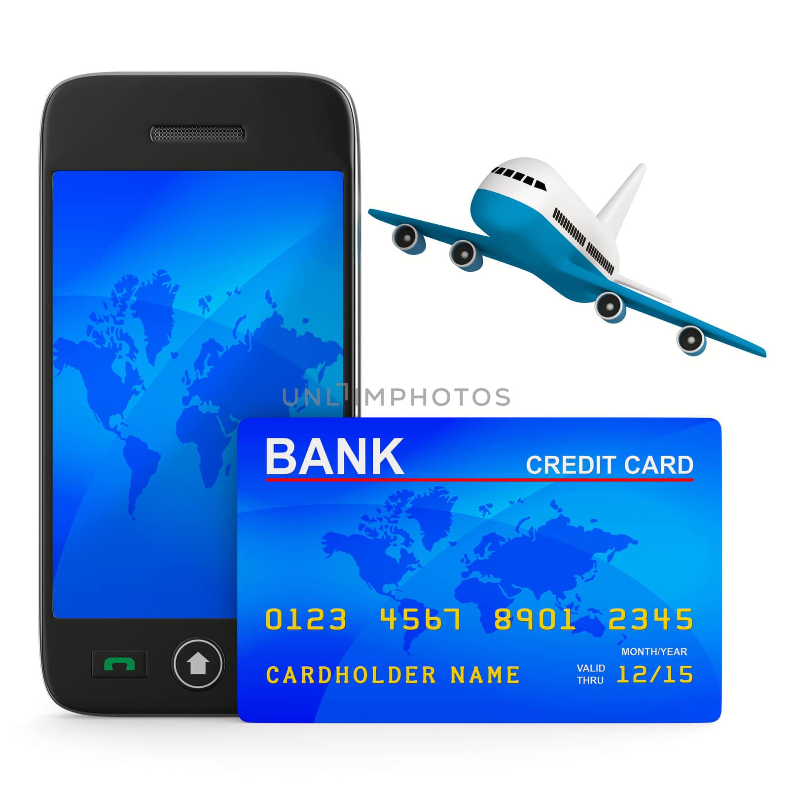 phone and credit card and airplane. Isolated 3D image