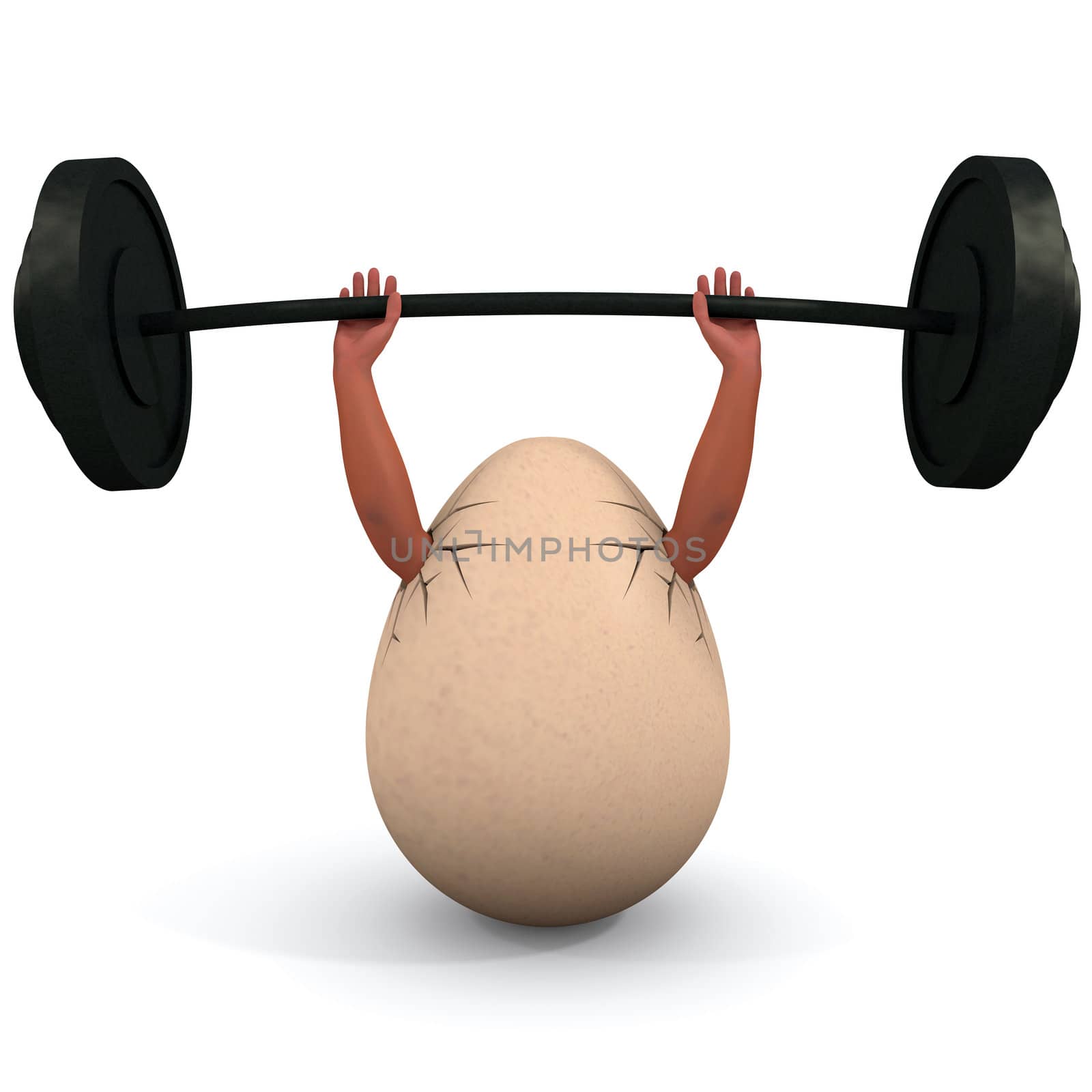 Egg holds a dumbbell. Illustration on body building and health subjects.