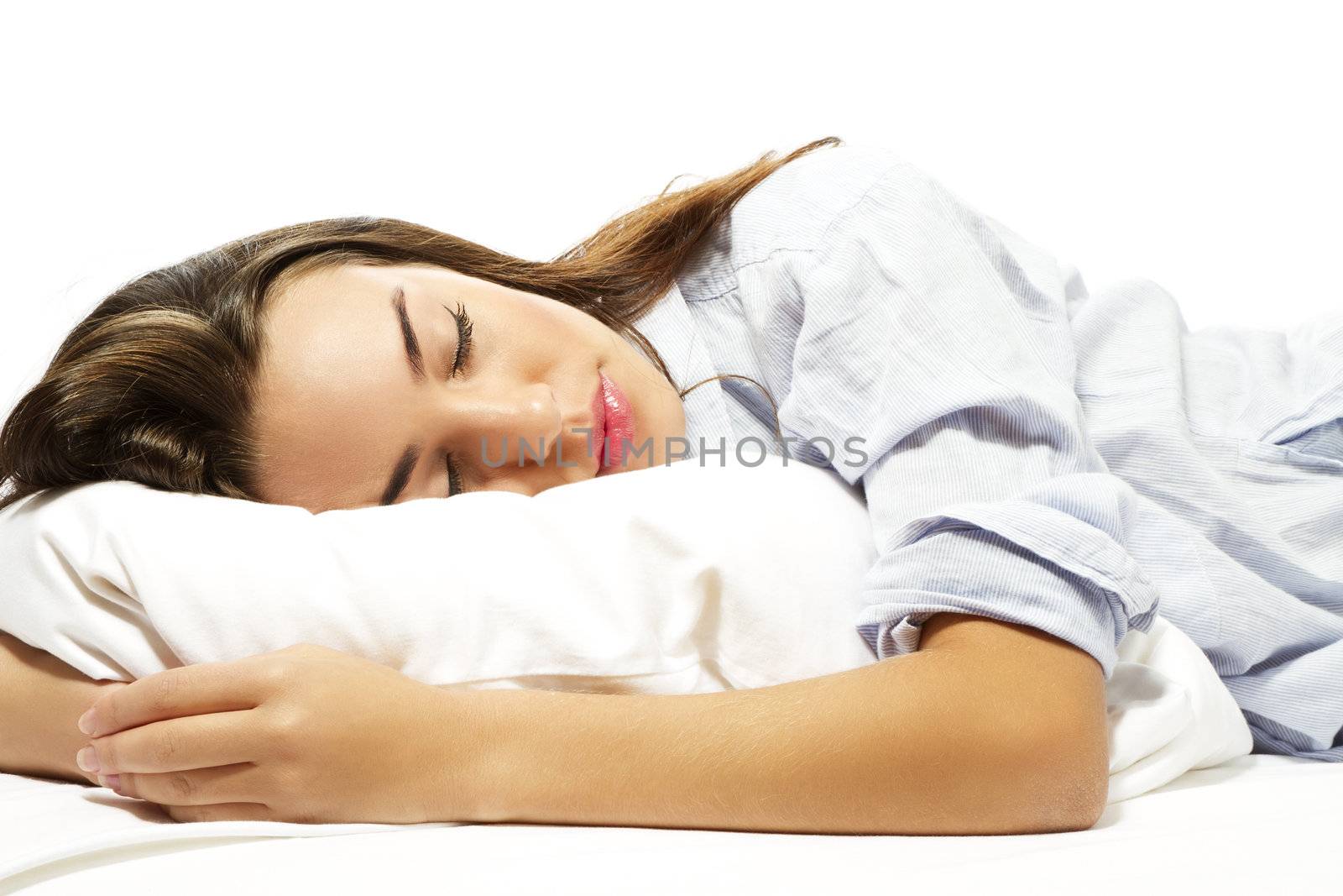 closeup of a sleeping woman on white background