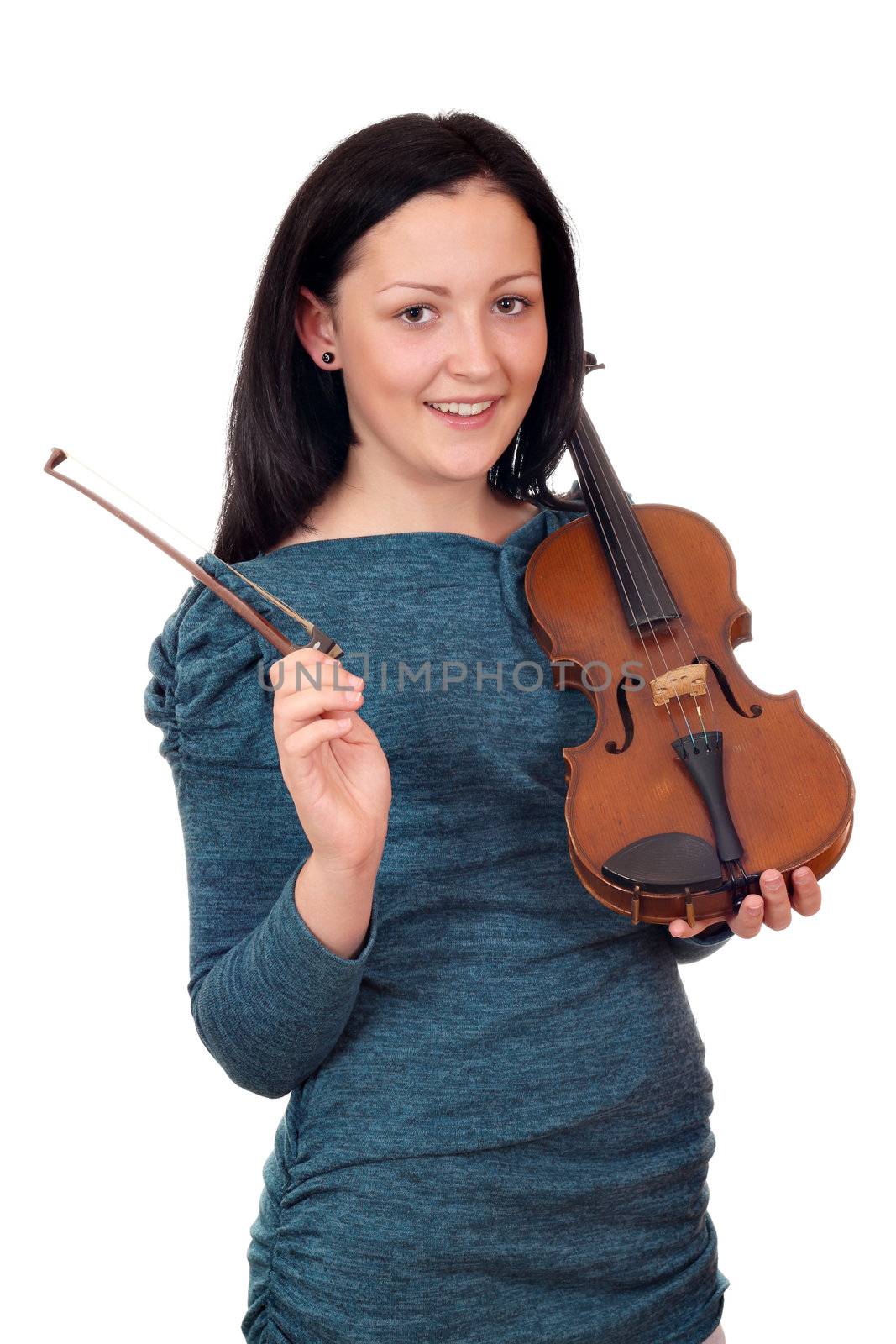 beautiful teenage girl with violin portrait on white  by goce