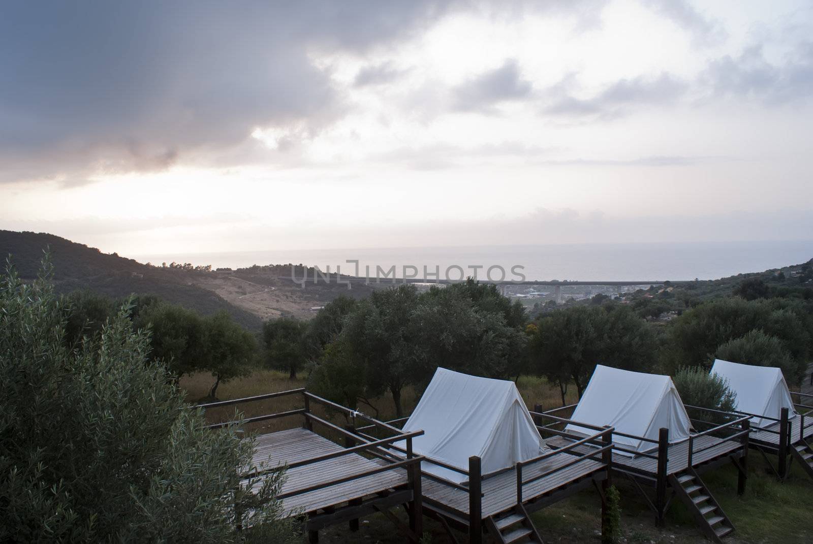 touristic camping  in Acquedolci, Sicily at the sunset