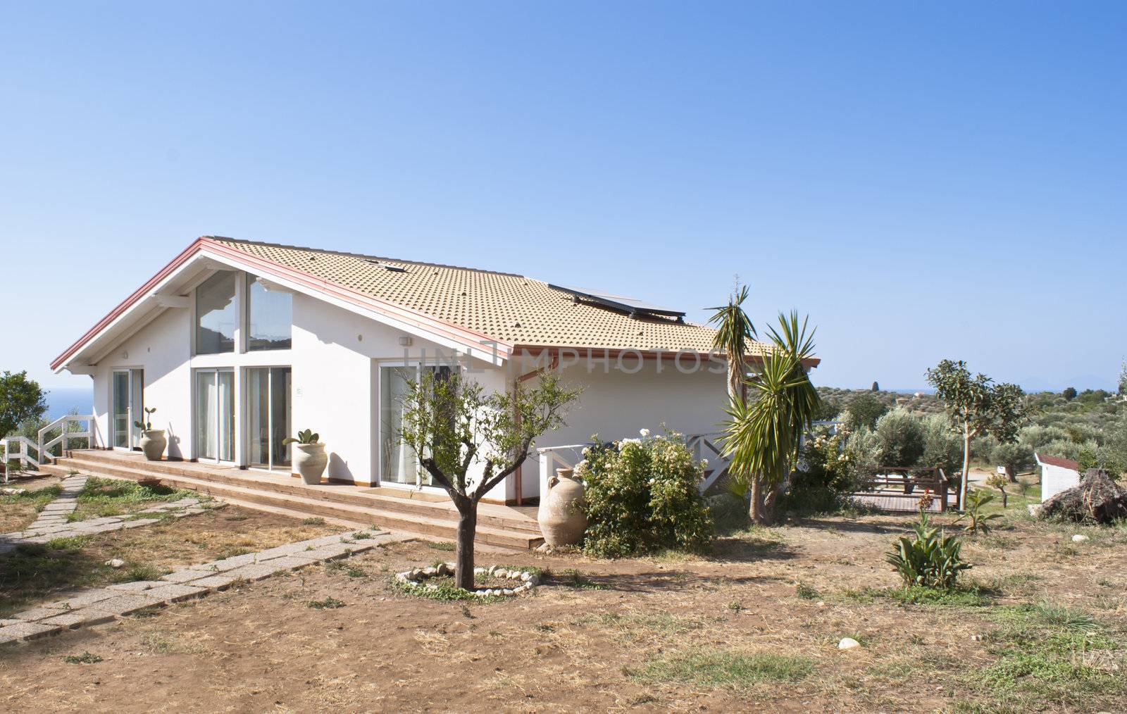 Modern house with transparent walls and garden