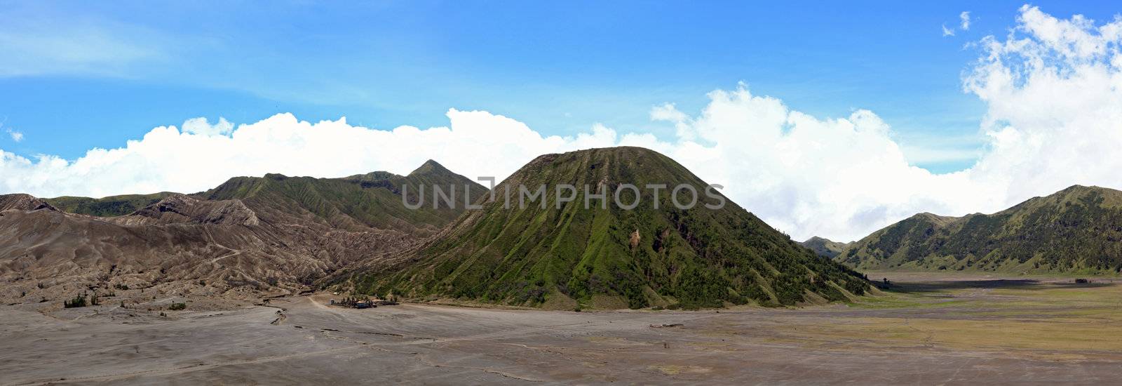 Panorama of Volcanoes at Bromo Batok Sumeru Mountain Region National Park East Java Indonesia