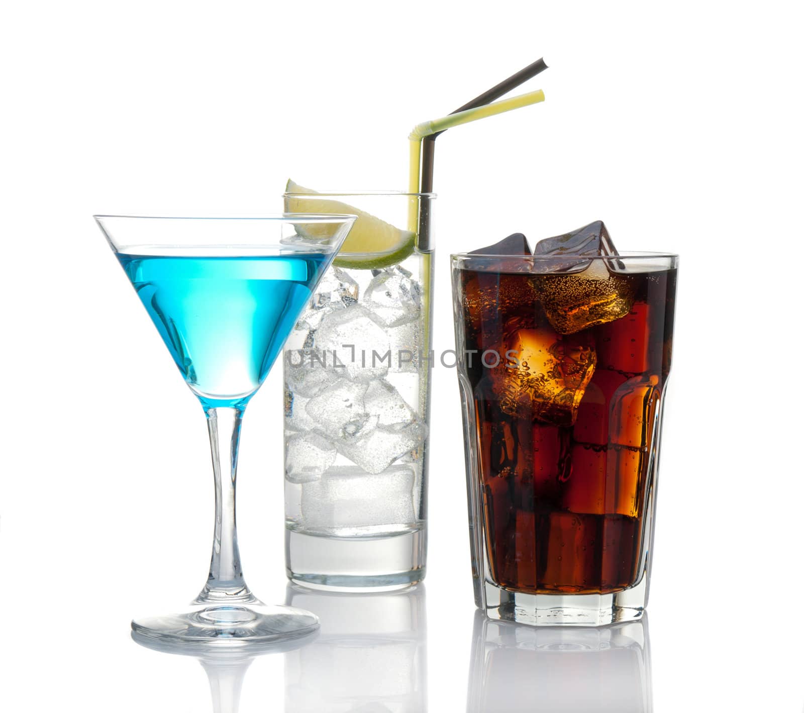 Variety of cocktails isolated on white with reflection