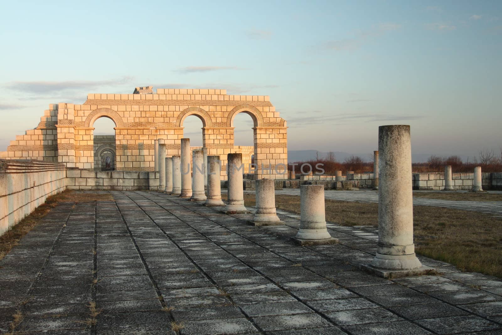 The Great Basilica at the first Bulgarian capital, Pliska , at sunset