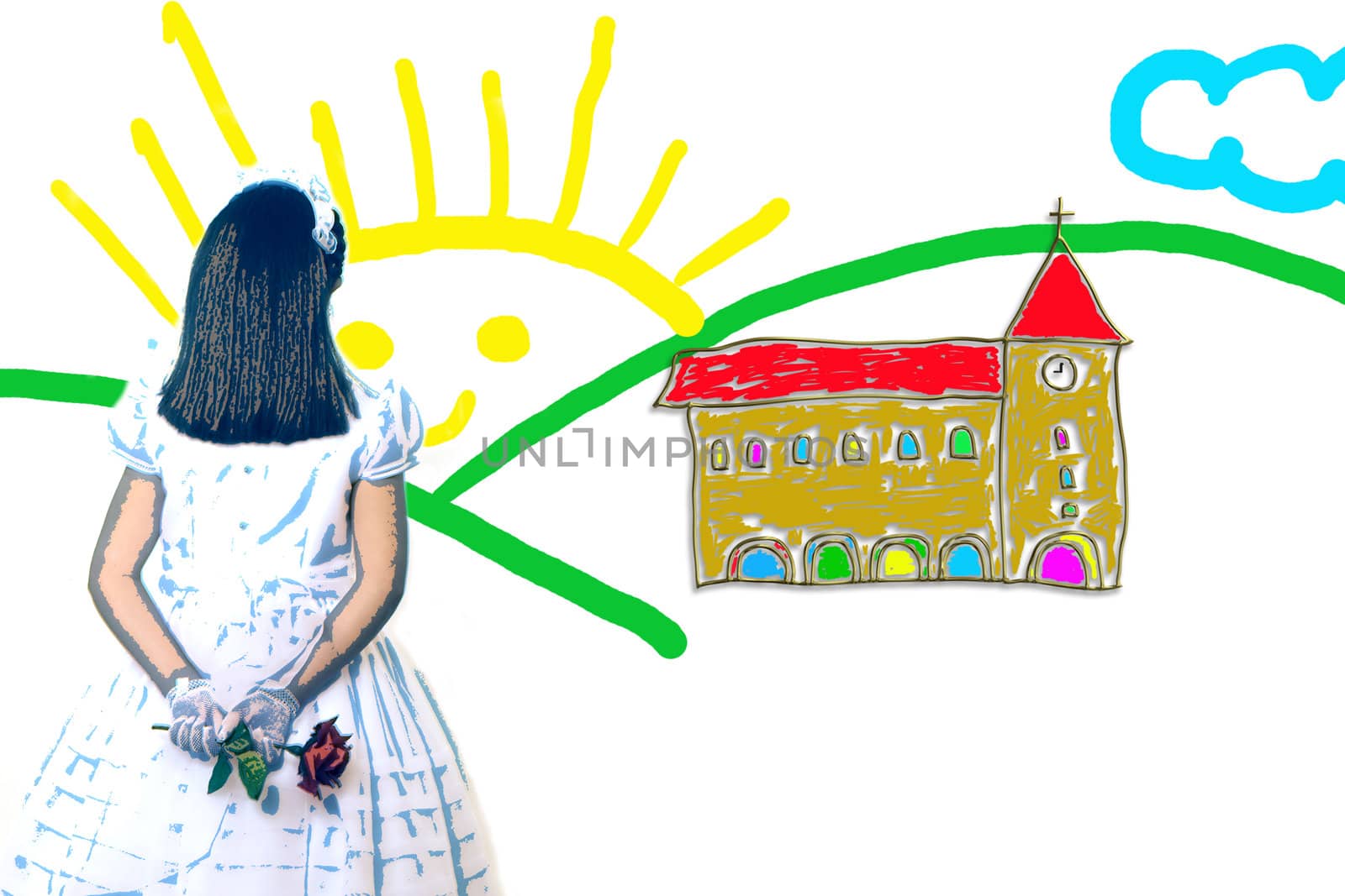 childlike drawing of a girl first communion Church Road