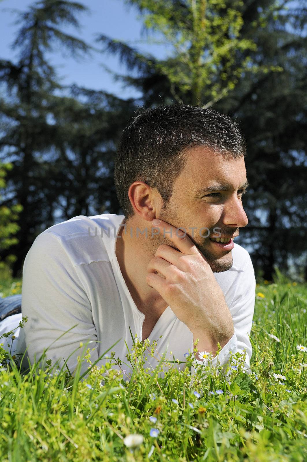 An attractive and cheerful man lying in the park