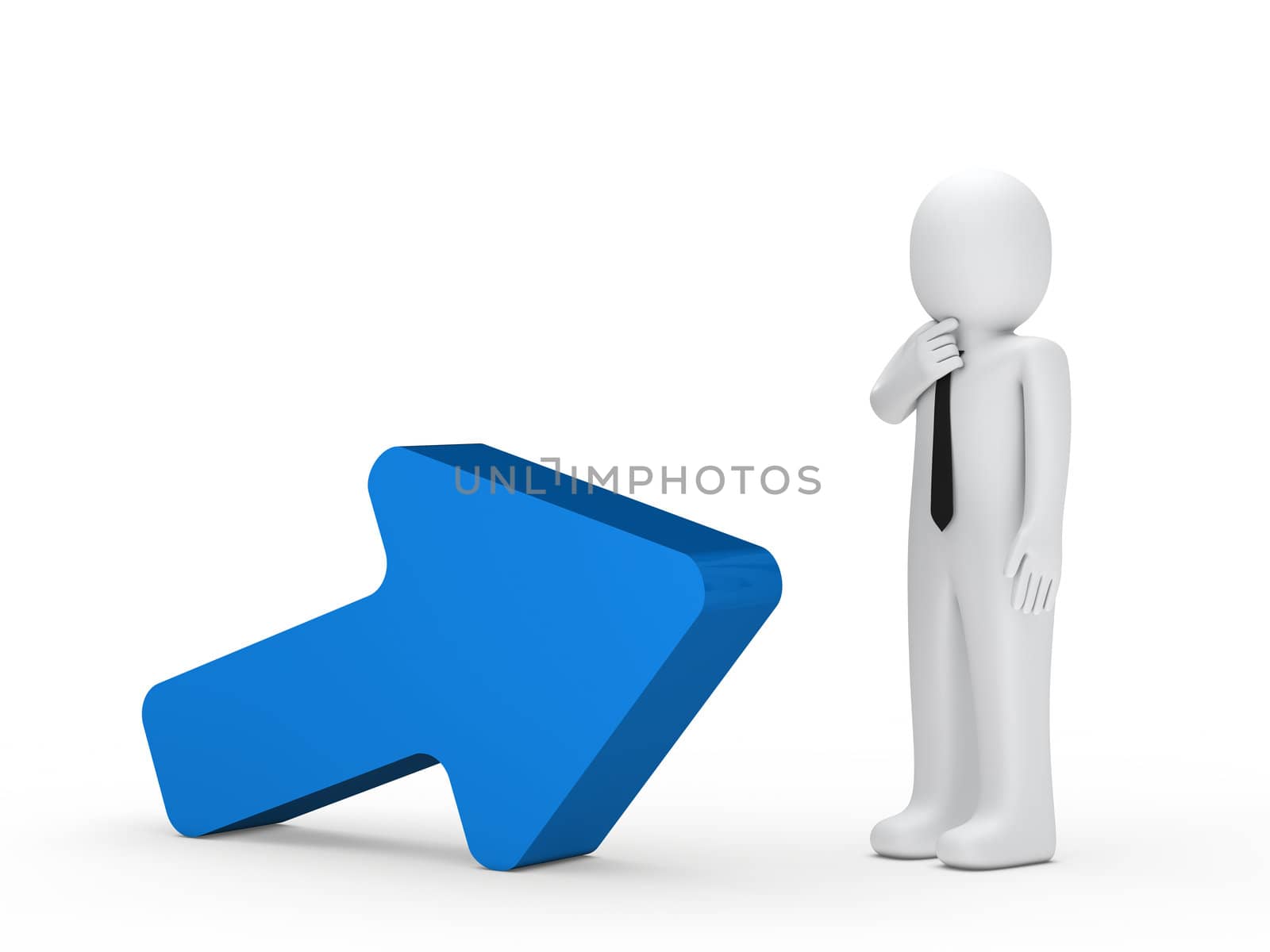 Business man stand next a blue arrow
