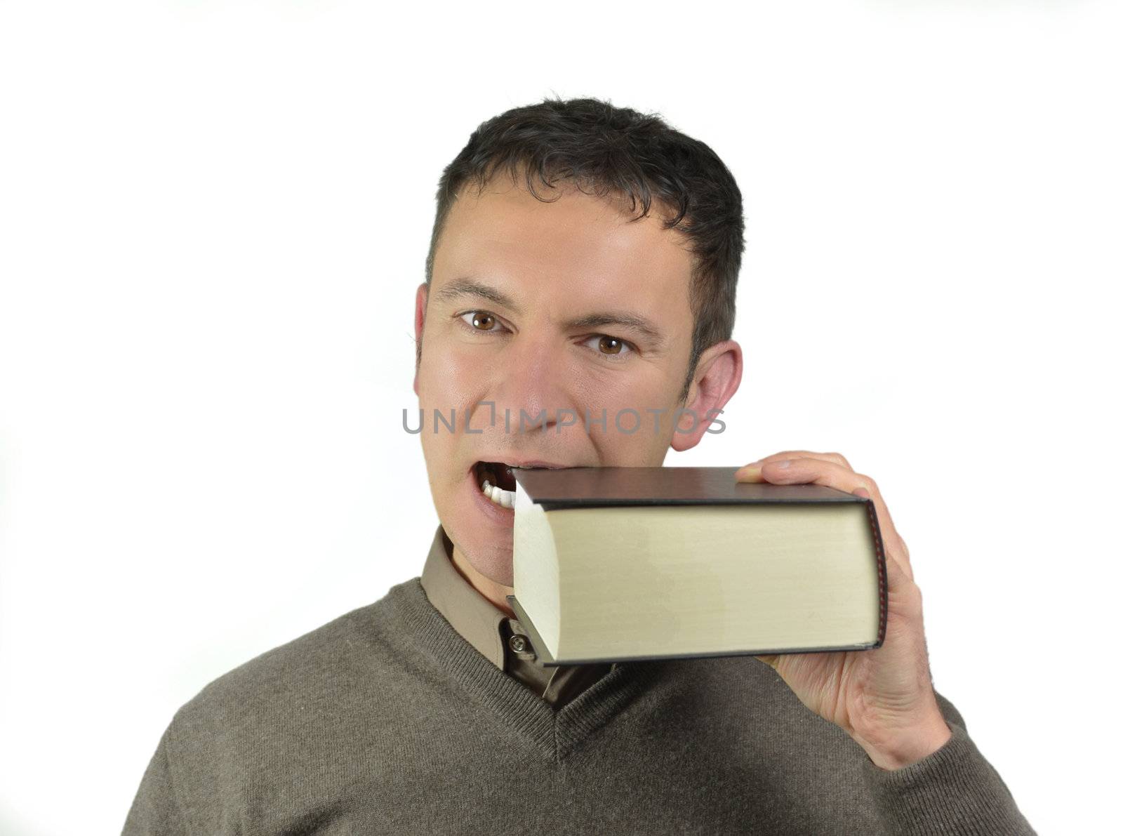 Guy biting a big book by artofphoto