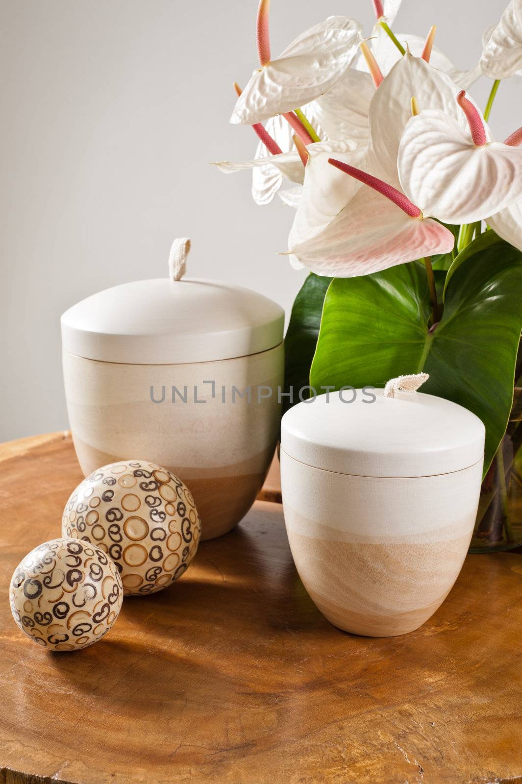 Wooden objects as interior decoration on wooden table