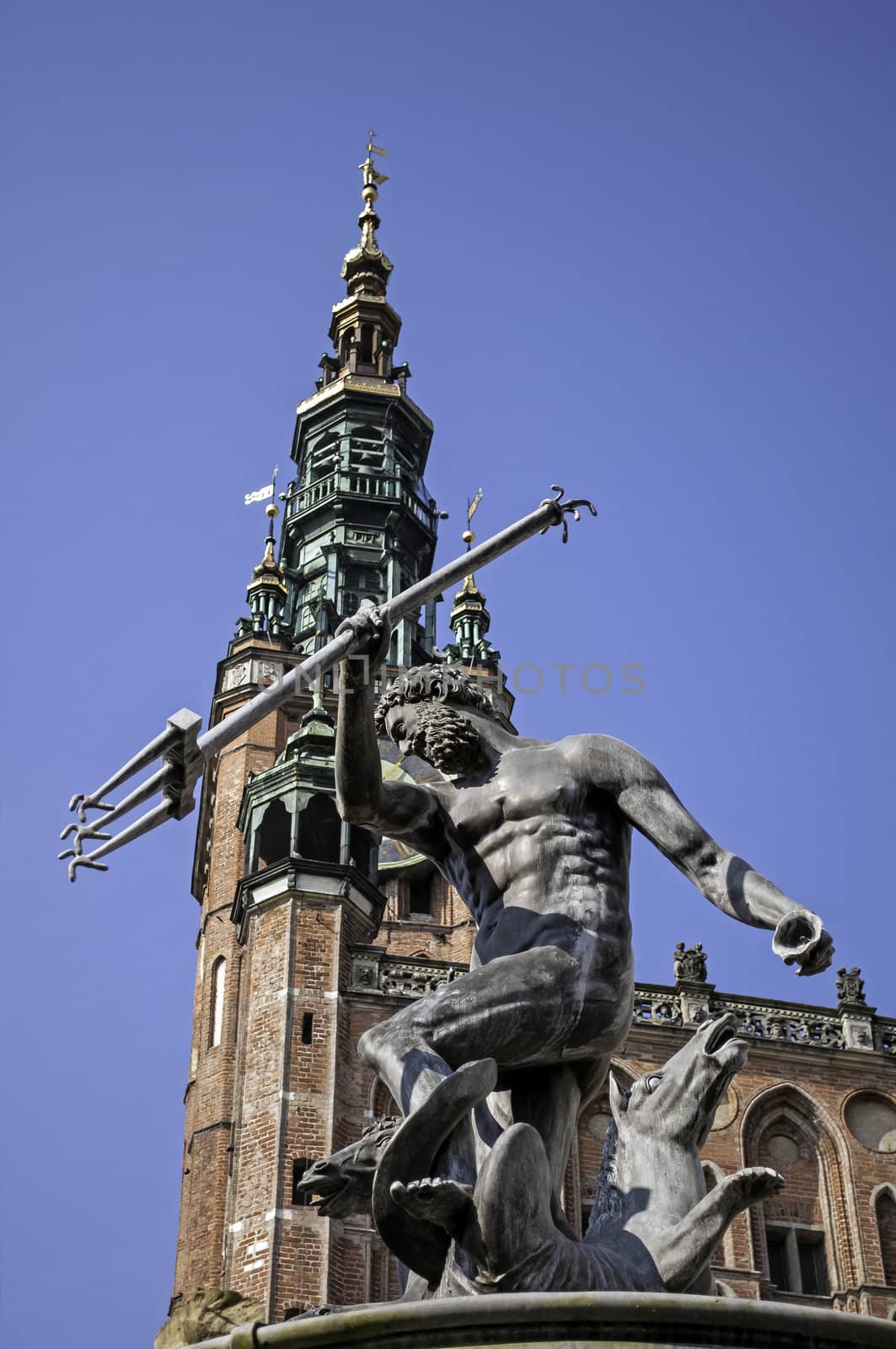 Neptune's fountain in the Old Town of Gdansk, Poland.