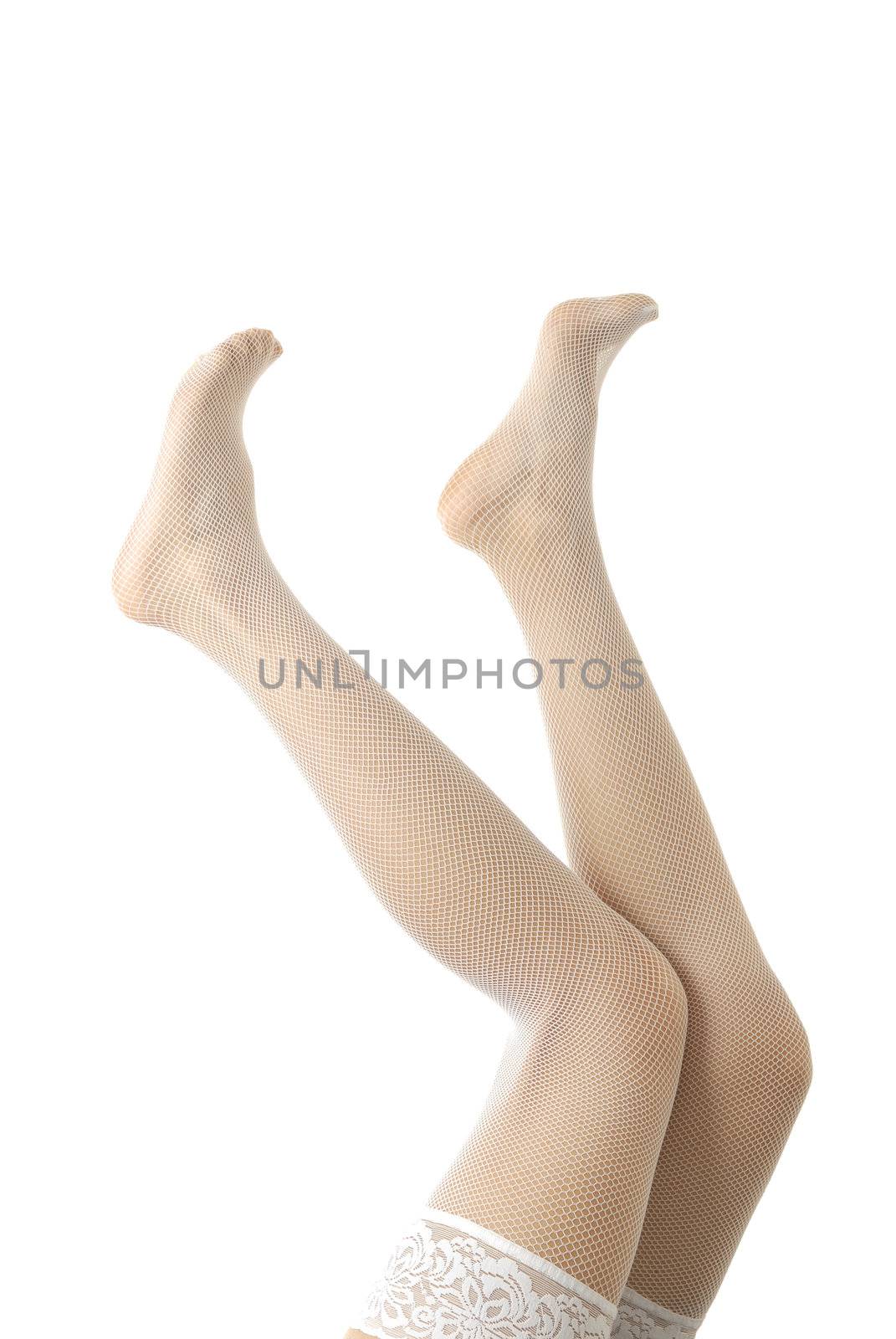 Woman legs in white stocking on a white background