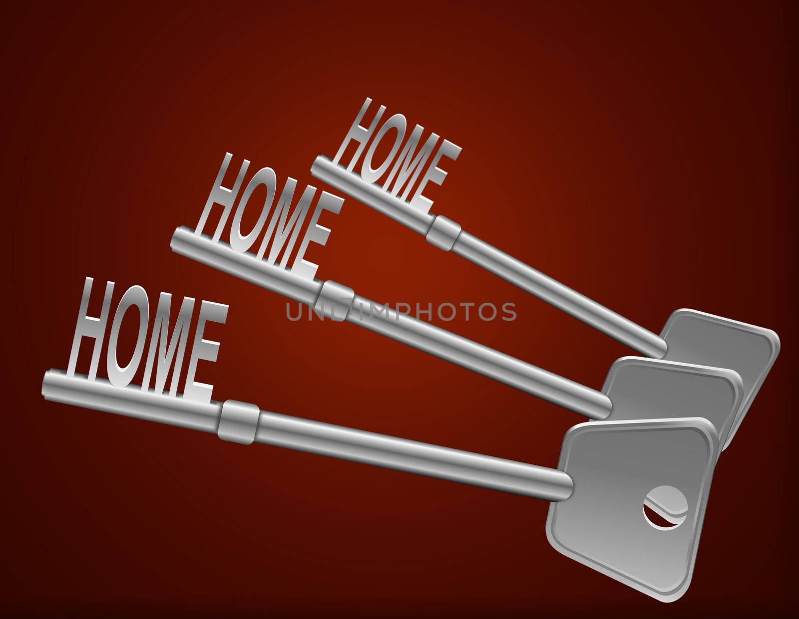Illustration depicting three keys with a 'home' concept. Dark orange background.