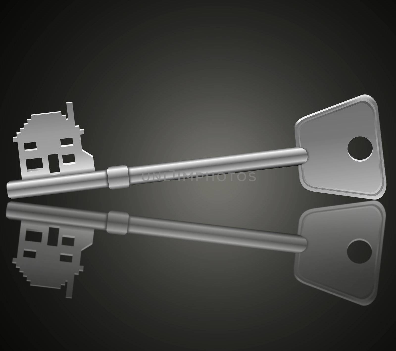 Illustration depicting a single key with a 'home' concept reflecting into foreground with a dark background.