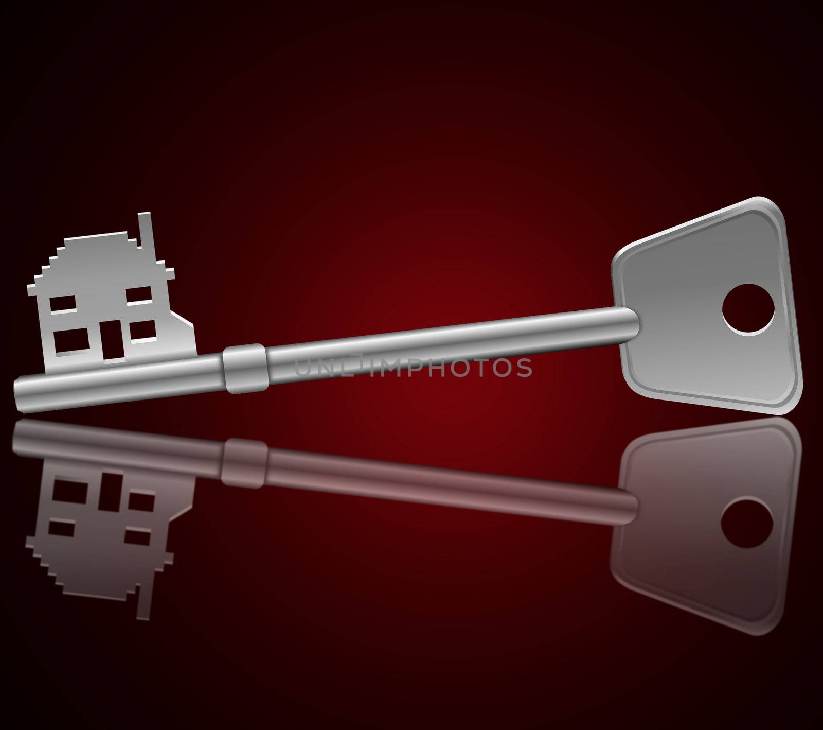 Illustration depicting a single key with a 'home' concept reflecting into foreground with a dark red background.