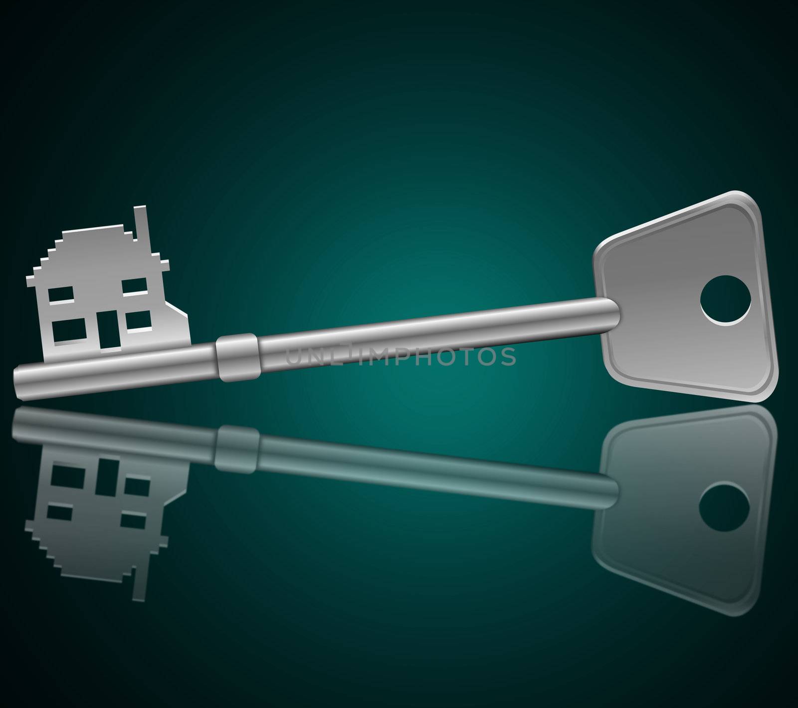 Illustration depicting a single key with a 'home' concept reflecting into foreground with a dark aqua background.
