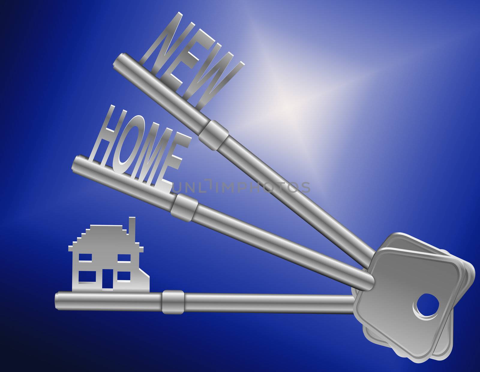 Illustration depicting two keys with a 'home' concept. Blue light background.