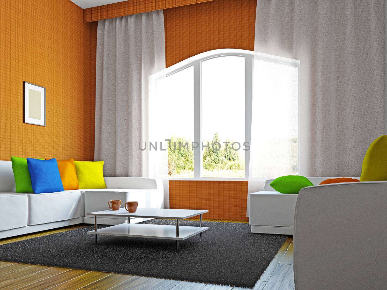 Livingroom with furniture near the big windows