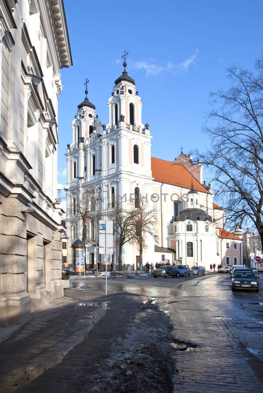 Old town street church Vilnius God speak. Religion by sauletas