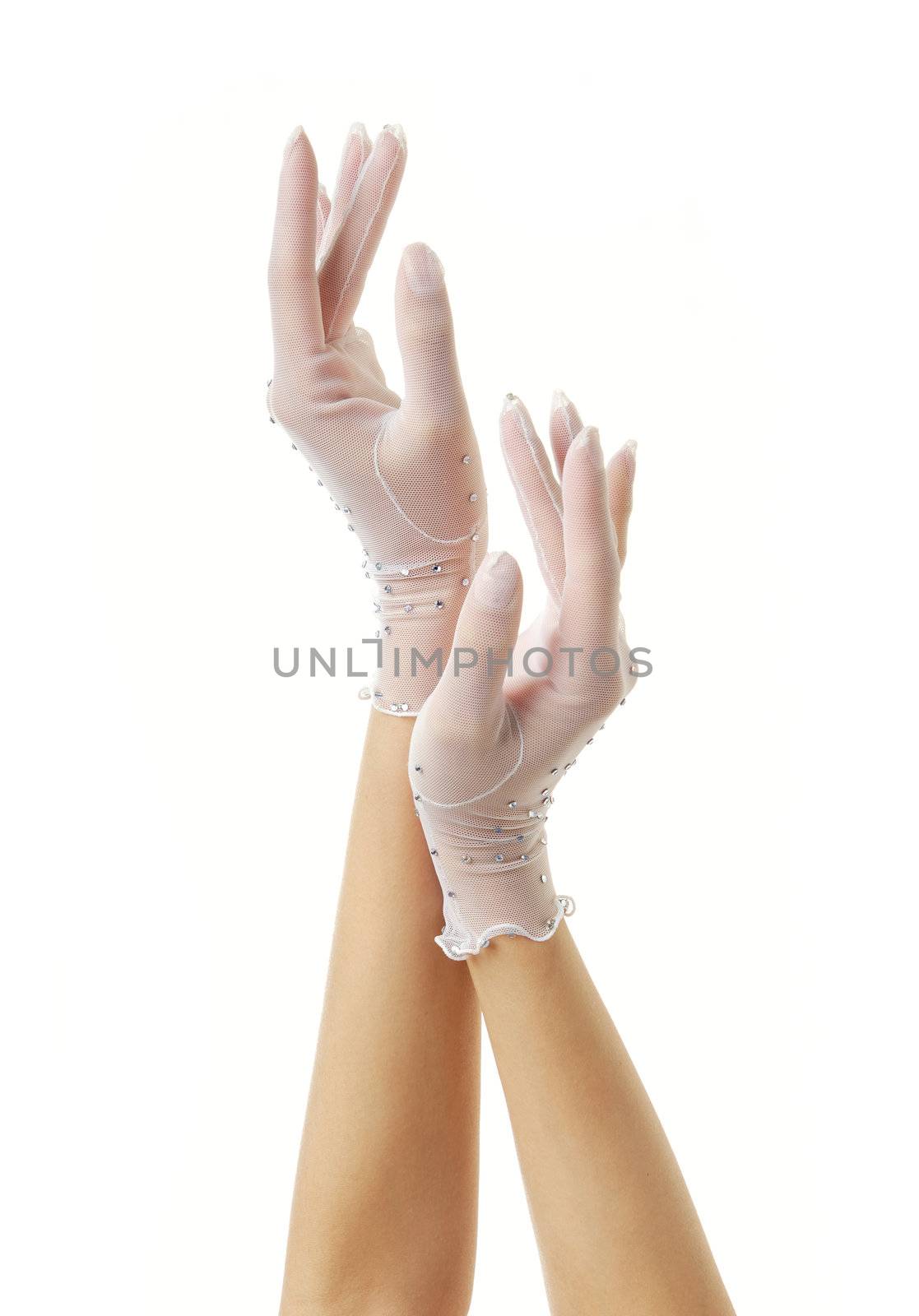 Close-up photo of the dancing woman hands in gloves