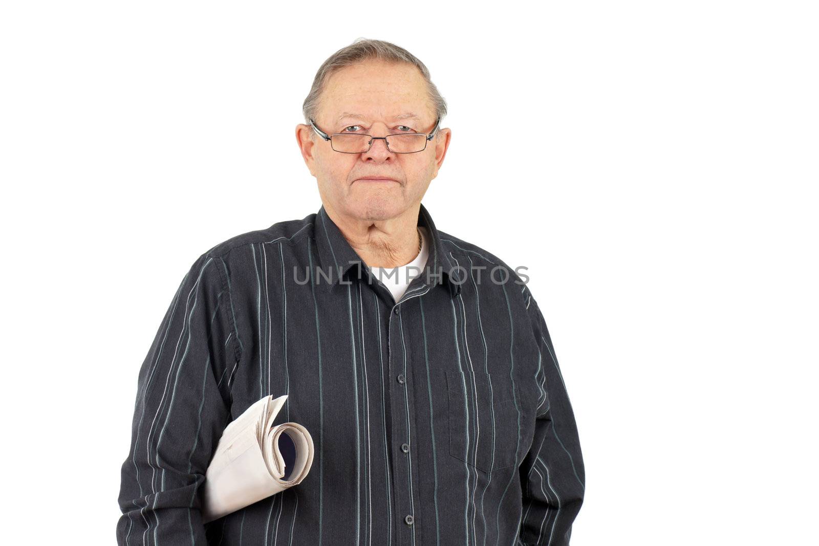 Portrait of a senior man with his reading glasses and rolled up newspaper under his arm.