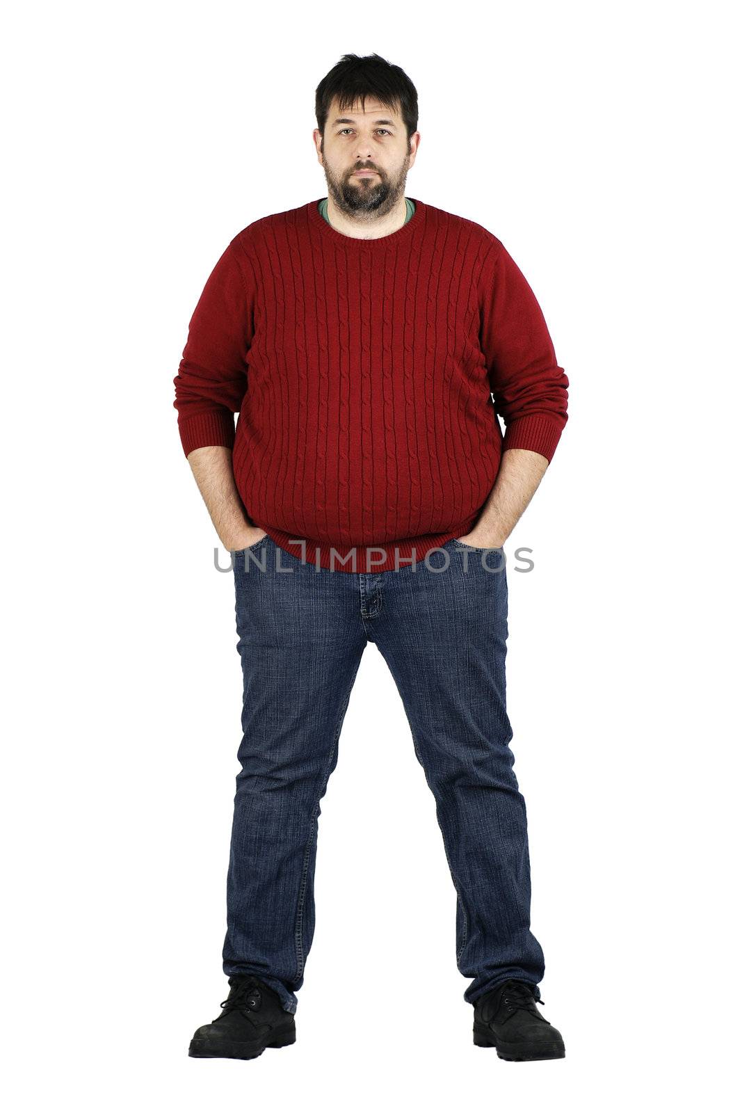 Complete body shot of a big guy smiling looking at camera, real ordinary middle age bearded white man with weight problem isolated over white