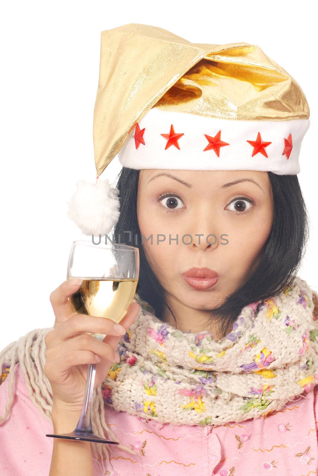 Photo of the woman in Santa Claus costume with wineglass