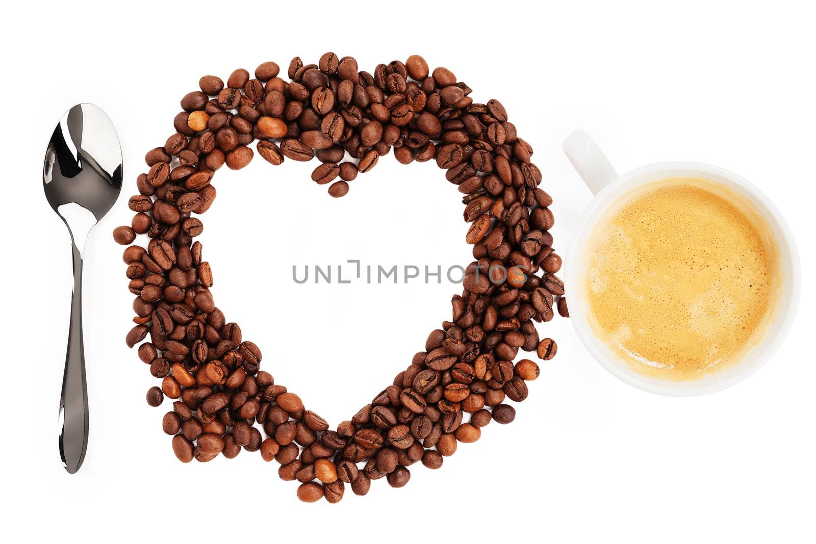 i love coffee with coffee beans on white background