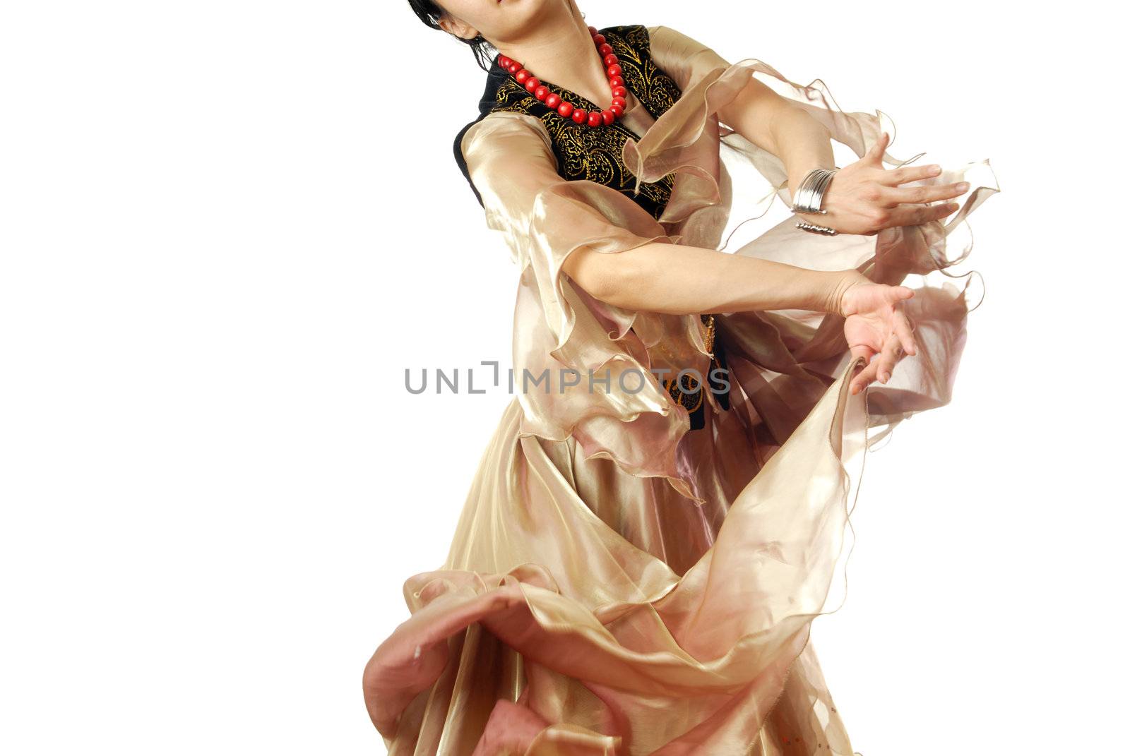 Dancing woman on a white background in oriental costume