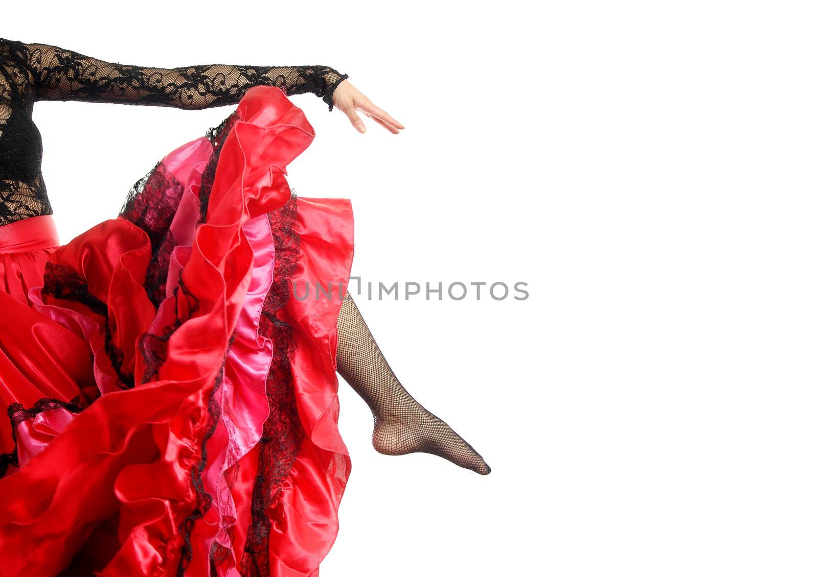 Photo of the leg and arm of Flamenco dancer in Spanish costume