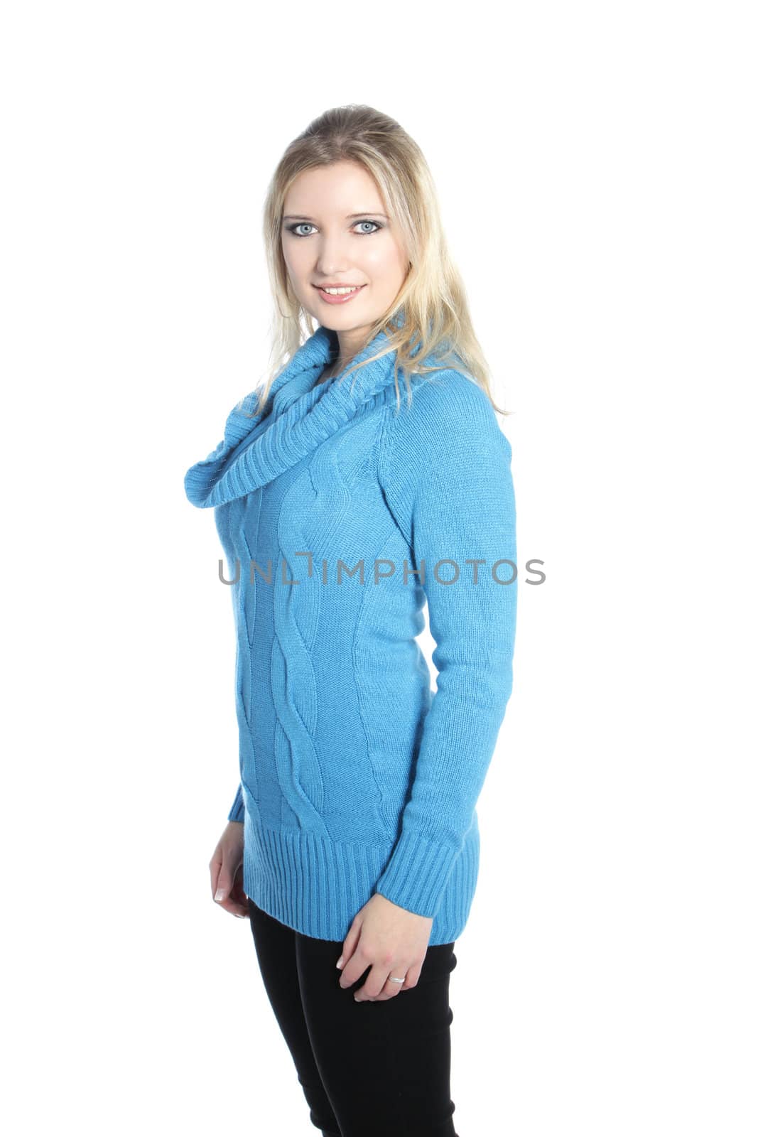 Blonde casual woman standing over the white background