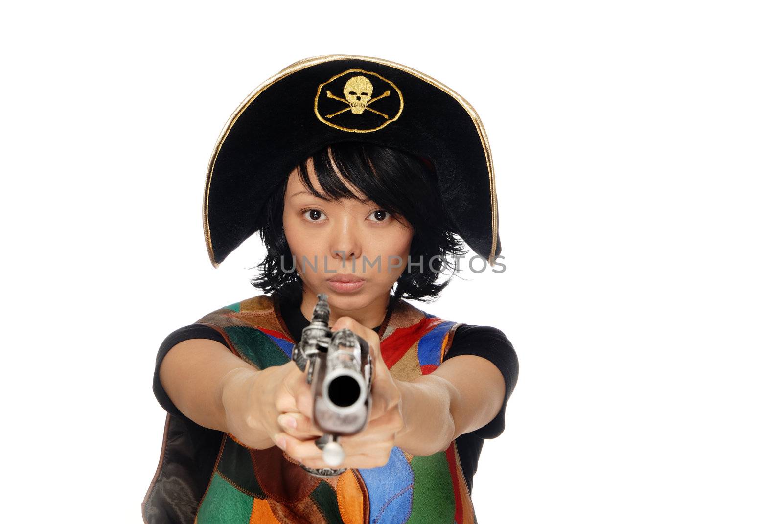 Portrait of the young shooting woman in pirate hat 