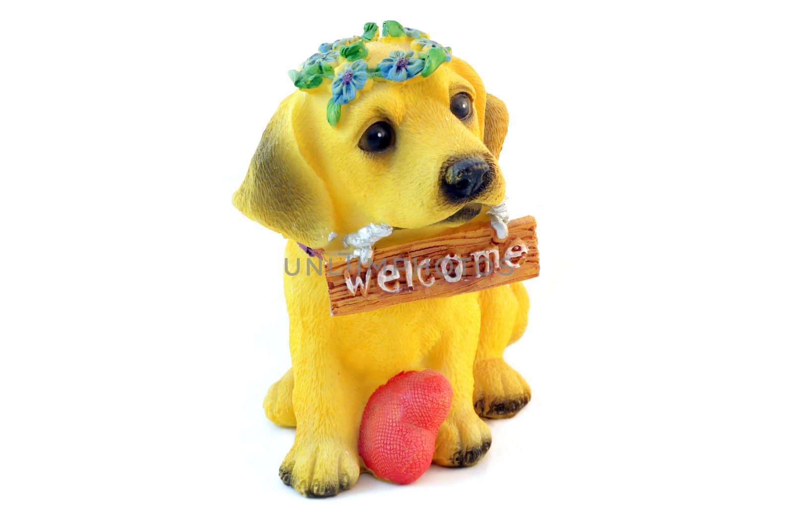 Yellow Labrador Puppy Figurine Welcome with red heart on White Background