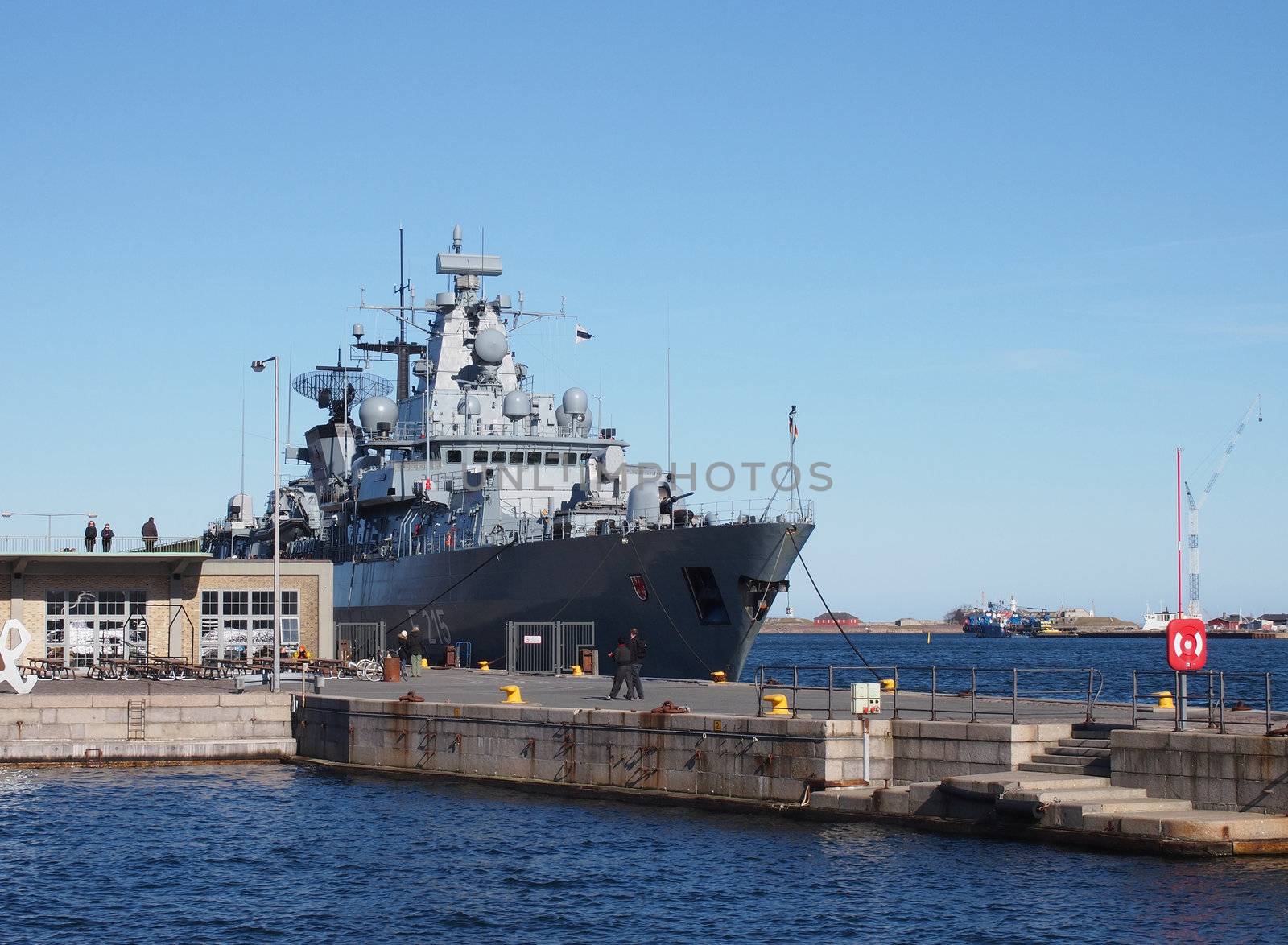 COPENHAGEN - MARCH 3: The F215 Brandenburg, a German frigate docked at Langelinie Harbor in Central Copenhagen, Denmark on March 3, 2013. This German Navy frigate was commissioned on October 14, 1994.