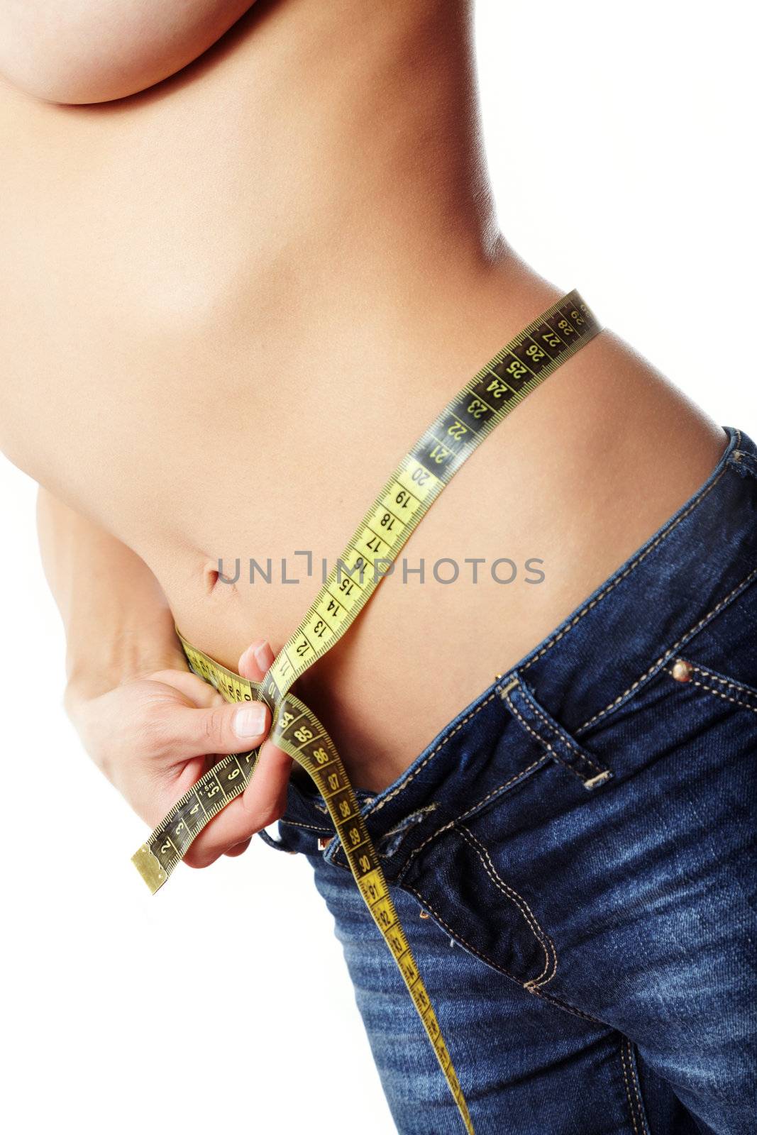 Woman body in jeans with tape-line