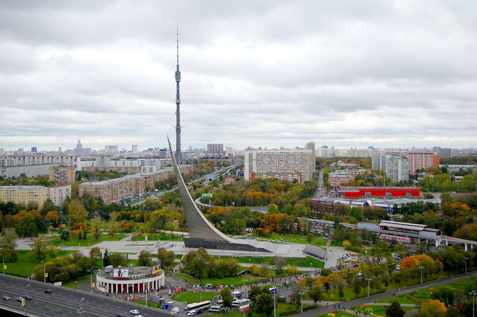 Panorama of central museum of Astronautics and Ostankino tower in Moscow, Russia by Stoyanov