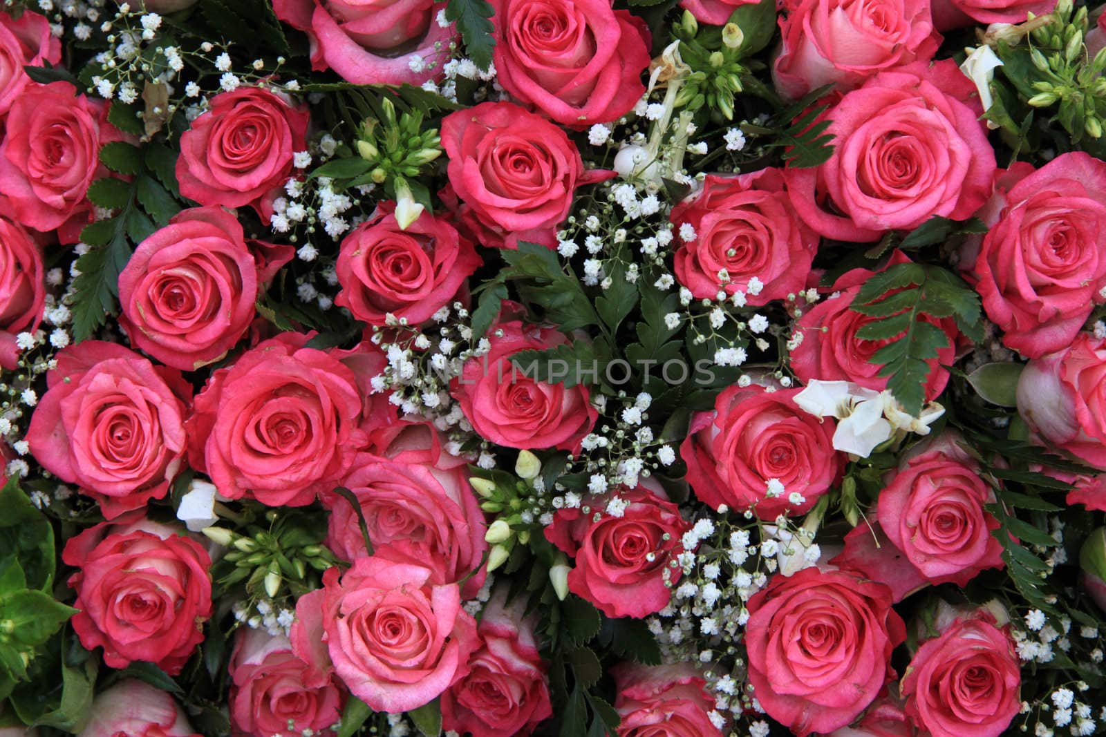 Floral arrangement with pink roses and gypsophila or baby's breath