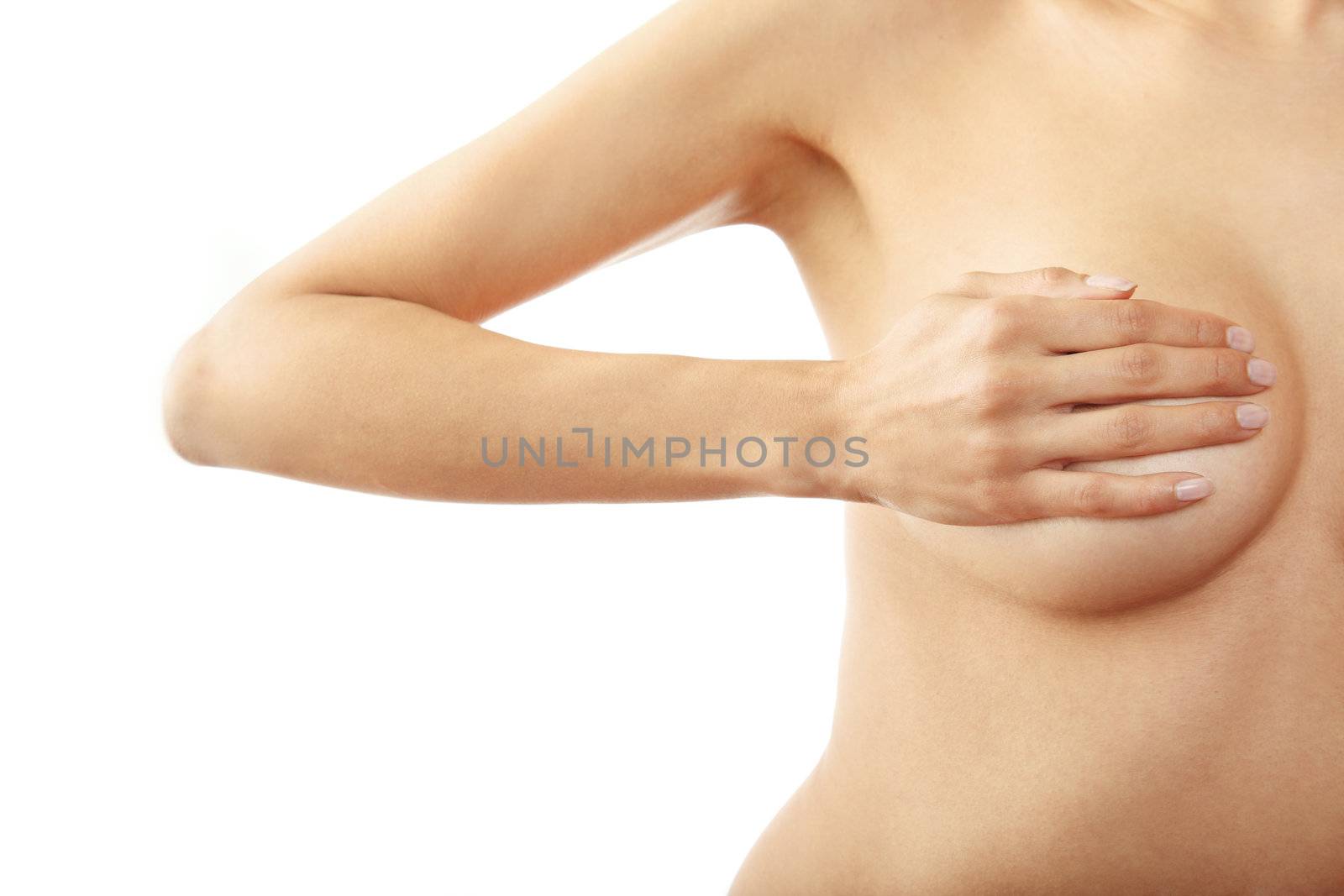 Woman breast covered by the hand on a white background